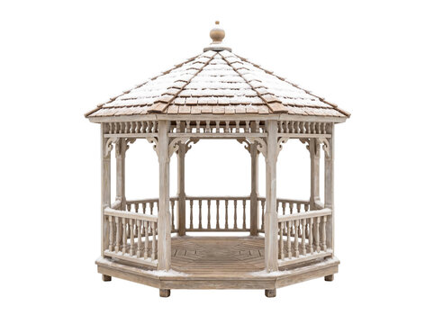 Rustic wooden gazebo with a snow-covered roof isolated on a clean transparent background for design