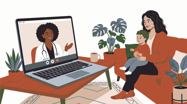 Telemedicine Online Video Consultation Doctor and Family at Home Flat Vector