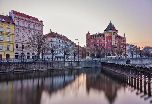 Historic riverside buildings on Smetana Embankment in Prague