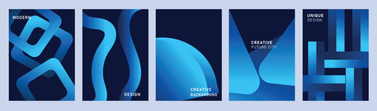 Abstract gradient poster templates set. Vector dark backgrounds with glowing sphere, chevron lines, layered stairs, mesh waves and geometric tiles for web banner