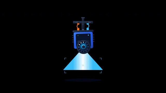 Flat vector industrial machine vision inspection camera with pulsing LED ring and scanning laser in seamless loop on transparent background.