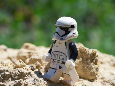 Chernihiv, Ukraine, July 13, 2021. A plastic minifigure of a Star Wars character. Imperial stormtrooper close-up. Illustrative editorial.