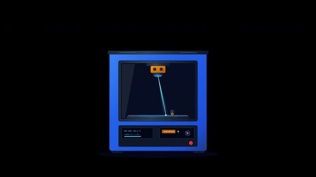 Flat vector industrial powder bed 3D printer with scanning laser beam and recoater wiper mechanism in seamless loop on transparent background.