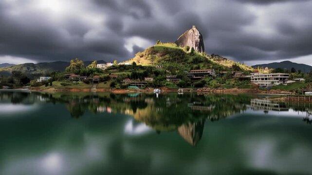 Guatap&eacute; Reservoir with Scenic Islands and Mountain Landscape in Antioquia, Colombia. Time Lapse. Establishing Shot. Aerial View.