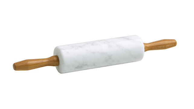 White marble rolling pin with wooden handles for baking and pastry preparation