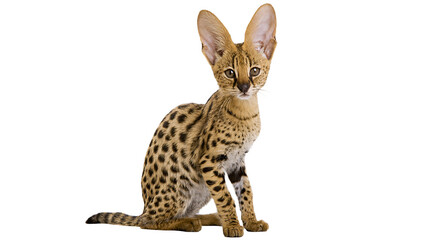 Young serval cat with large ears and spotted golden fur sitting © Uxia