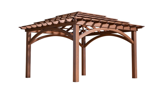 Brown wooden gazebo with arched support beams and slatted roof structure