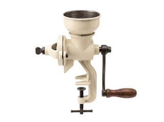 Vintage manual grain mill with a cream colored metal body and a wooden handle on transparent background © ieps