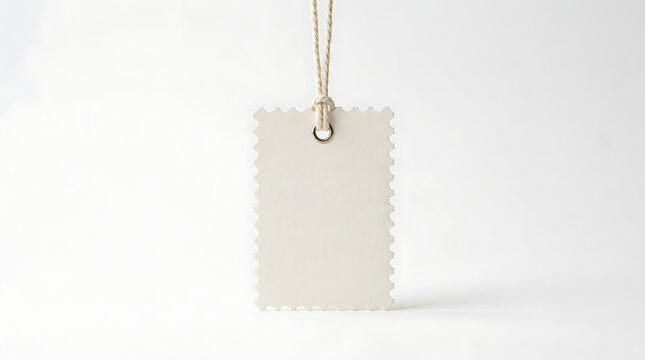 Blank postage stamp shaped paper tag with string isolated on white background