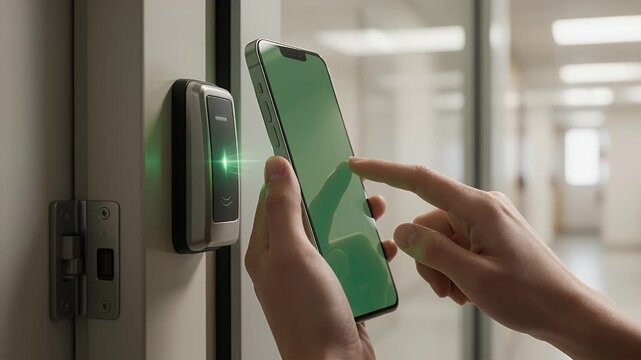 Smartphone Unlocking Office Door with Digital Key App
