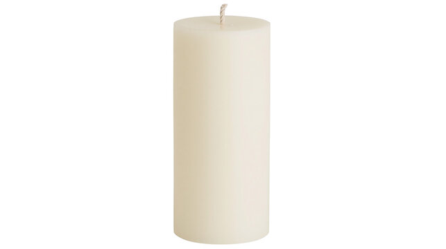 Tall cylindrical cream colored wax pillar candle with a single cotton wick