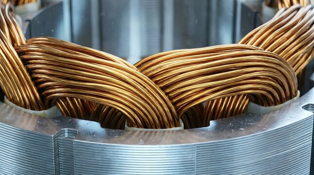 Close up of electric vehicle traction motor stator assembly with