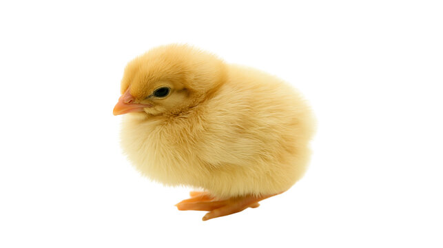 Fluffy yellow newborn chick standing on small orange feet