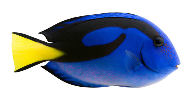 Vibrant blue regal tang fish with black markings and bright yellow tail fin
