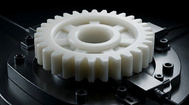 White nylon spur gear mounted on a precision black metal industrial