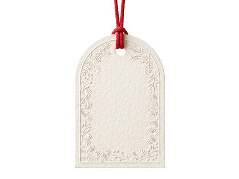 Blank white gift tag with embossed pine cone and needle pattern hanging on a red string cord