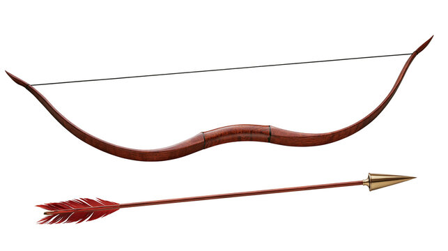 Traditional recurve wooden bow and single arrow with metal tip and red feathers