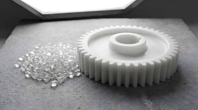 a white plastic spur gear next to raw polymer pellets on a textured