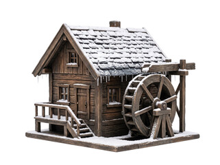 Miniature wooden water mill cabin covered in winter snow isolated on a transparent background © ieps