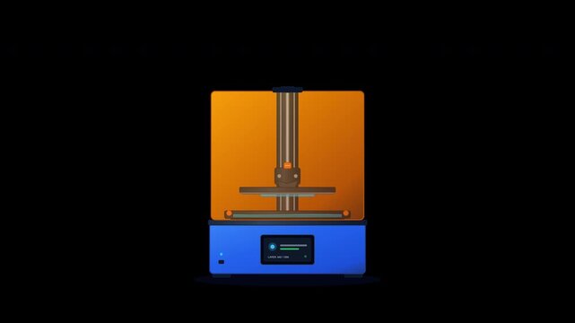 Flat vector desktop resin SLA 3D printer with reciprocating build platform and UV curing exposure in seamless loop on transparent background.