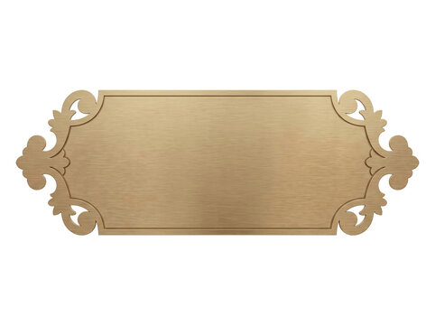 Elegant brushed brass metal plaque with ornate decorative scrollwork edges on transparent background