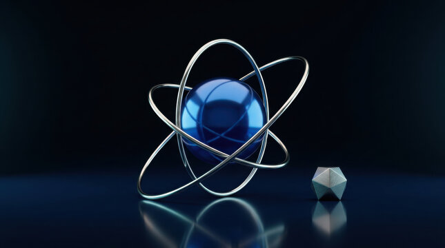 Blue glossy sphere with metallic atomic rings and small geometric polyhedron on generated using ai