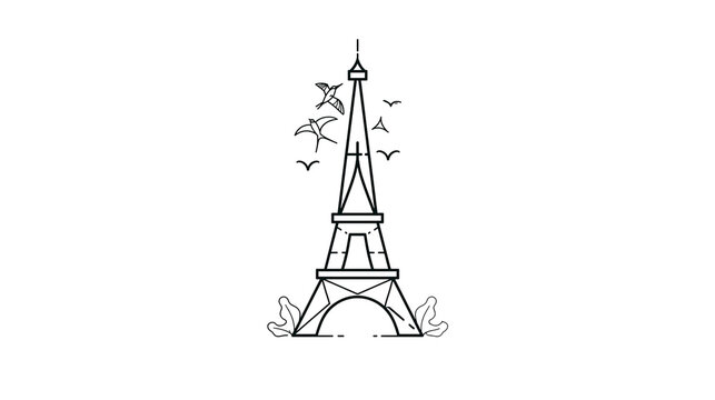 Minimalist Eiffel Tower line art with flying birds and decorative foliage