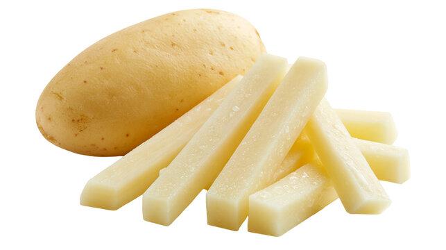 Whole raw potato and several cut potato sticks for french fries