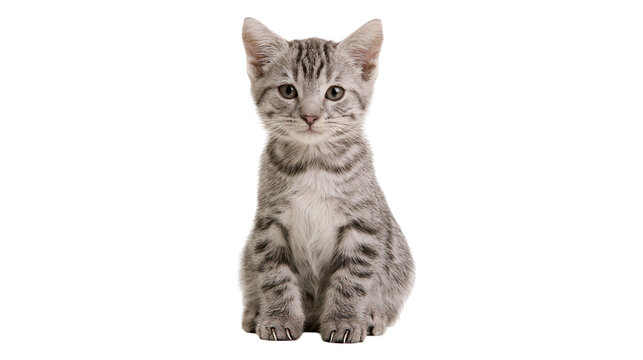 Small grey tabby kitten sitting and looking forward