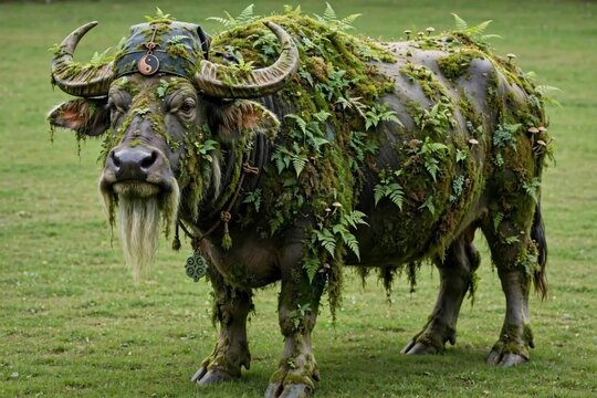 Fantasy Forest Guardian Buffalo Covered in Moss and Vines, Mythical Creature 8K
