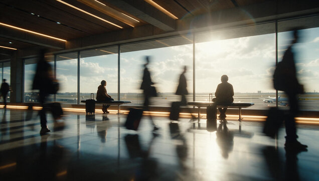 Silhouettes of Travelers Walking in Modern Airport Terminal