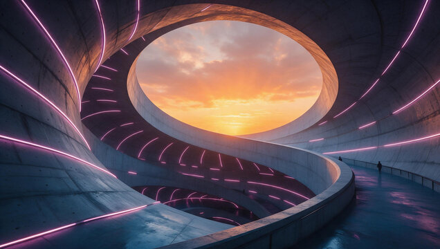Futuristic Spiral Architectural Structure with Neon Lights at Sunset