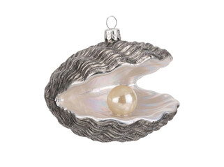 Silver clam shell Christmas ornament with a single pearl isolated on transparent background studio © ieps
