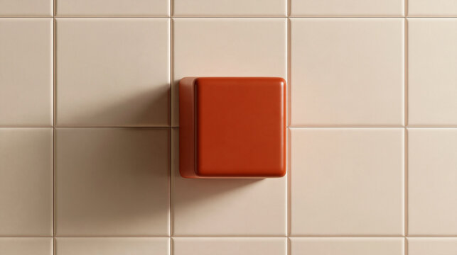 Terracotta Cube Mounted on Beige Ceramic Tile Wall