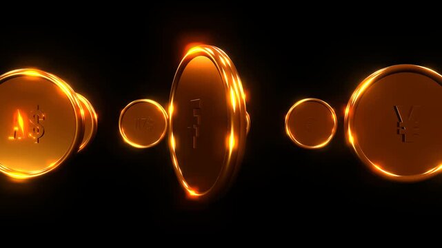 Premium 3D gold coins featuring USD, EUR, GBP, JPY, CHF, AUD, CAD and NZD currency symbols in a cinematic parade with metallic reflections on a black background.