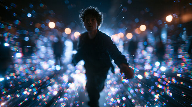 Young Man Running Fast in Dramatic Glowing Light Trails
