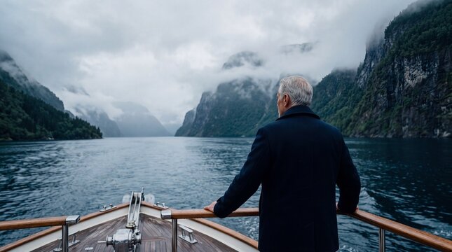 Mature Man Traveling on Boat Through Scenic Fjord