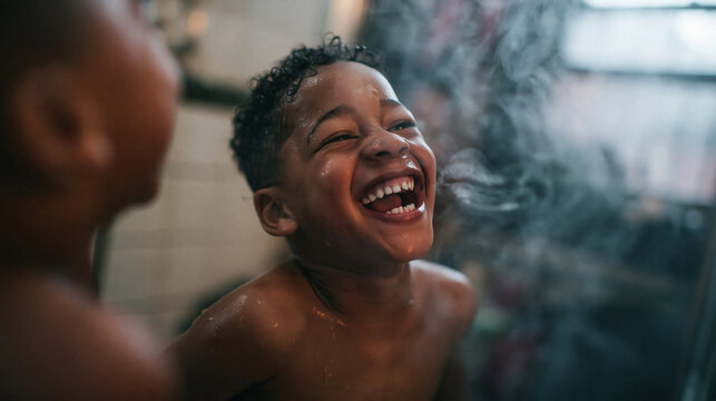 Joyful African American Boy Laughing in Steamy Bathroom