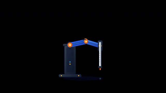 Flat vector industrial SCARA assembly robot arm with sweeping planar joints and plunging Z axis quill in seamless loop on transparent background.