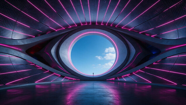 Futuristic Eye Shaped Interior with Neon Lights and Portal
