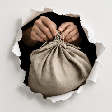 Hands tying a cloth sack with rope on white background