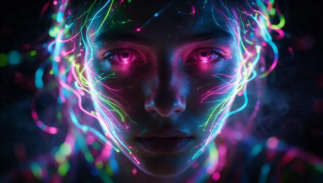 Futuristic AI Woman Face with Glowing Neon Cybernetic Lights