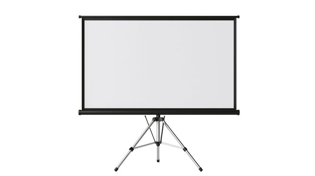 Portable projector screen with white matte surface and black frame on tripod stand
