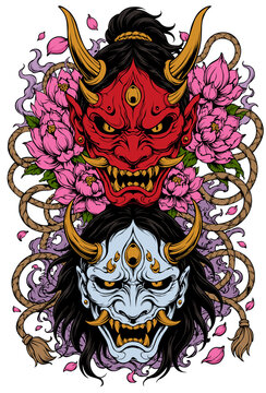 2 faces of a devil mask and a beautiful rose
