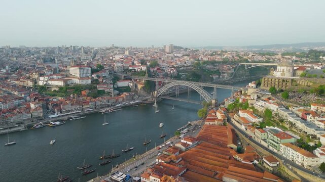 Boats on Douro River Along Porto's Historic Waterfront