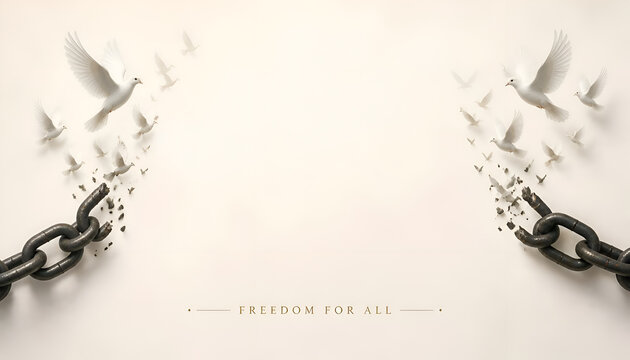 Flock of white doves transforming from broken chains on light background with chain digital art liberation emancipation shackles