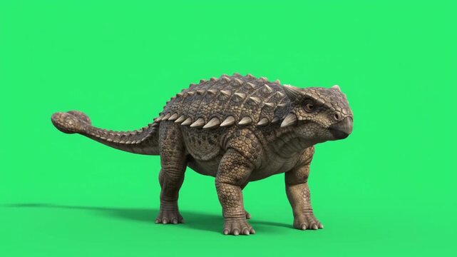 Realistic ankylosaurus dinosaur walking on green screen Background.