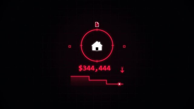 House interest rate graphic showing falling property values and data. 4k