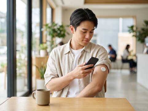 Young Man Using Smartphone to Scan Wearable Continuous Glucose Monitor CGM Sensor on Arm at Modern Cafe