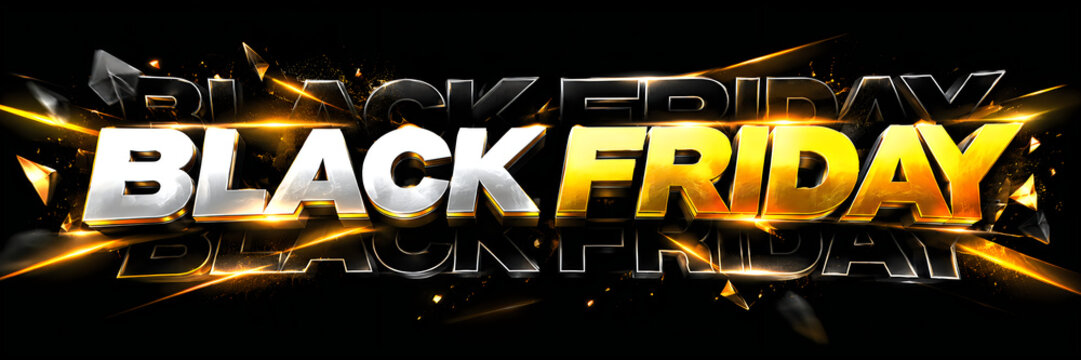 Black friday sale banner with metallic gold and silver 3d typography